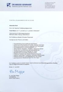 Fortbildungsbescheinigung Coach Basis – Weiterbildung in Coachingmethoden bei Dr. Migge Seminare