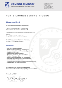 Fortbildungsbescheinigung Lösungsorientiertes Coaching – Weiterbildung bei Dr. Migge Seminare