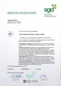 Abschlusszeugnis Psychologische Beratung und Naturcoaching – SGD